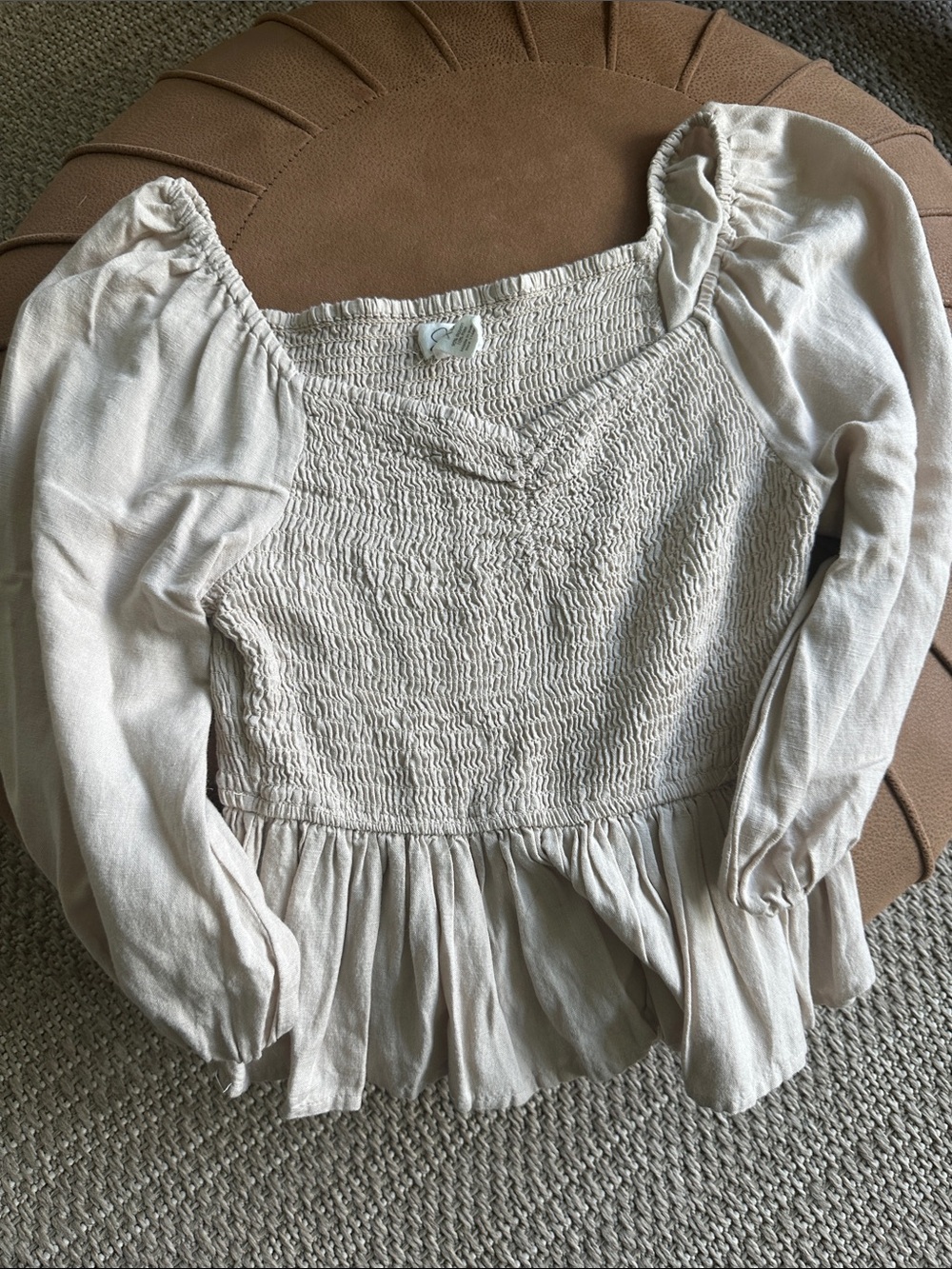Smocked Peplum 3-4-Sleeve Top in Cream